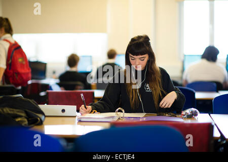 Höhere Schulbildung Wales UK: eine 6. Form Jahr 13 weiblichen Studentinnen in ihrer gemeinsamen Raum dabei unabhängige Studie arbeiten zwischen Klassen Stockfoto