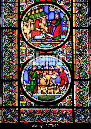 Glasfenster, Arche Noah, Bau der Arche Tiere gehen in zwei von Alfred Gerente von Paris, 1849, Ely Cathedral Stockfoto