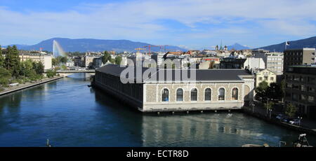 Rhône, Batiment des Forces wurde und Brunnen in Genf, Schweiz Stockfoto