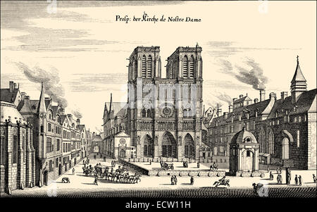 Historische Stadtbild, Notre-Dame de Paris, Paris; Frankreich, 17. Jahrhundert, Stockfoto