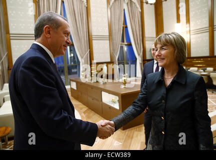 Ankara, Türkei. 19. Dezember 2014. Ein Foto zur Verfügung gestellt von der türkischen Präsidentenpalast zeigt, dass der türkische Präsident Recep Tayyip Erdogan(L) schütteln die Hände mit dem Besuch der Crotian Stellvertretender Ministerpräsident und Minister für auswärtige Angelegenheiten von Vesna Pusic, in Ankara, Türkei am 19. Dezember 2014. Bildnachweis: Türkische Presidential Palace/Xinhua/Alamy Live-Nachrichten Stockfoto