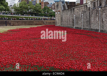 Die Kunstinstallation "Blut Mehrfrequenzdarstellung Länder und Meere of Red", der Tower of London Stockfoto