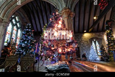 Weihnachtsbäume schmücken Teil des Kirchenschiffs von St. Marys Church, eingerichtet Brighstone, UK während des Festivals Christmas Tree Stockfoto