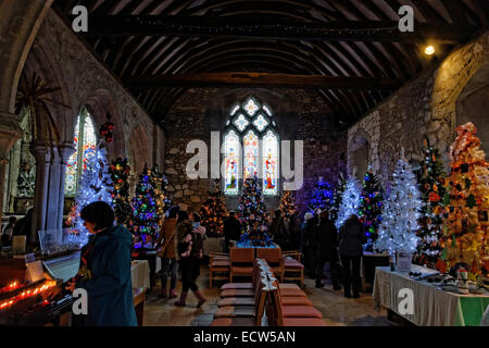 Teil des Kirchenschiffs von St. Marys Church, Brighstone, UK während des Festivals Weihnachtsbaum dekoriert Stockfoto