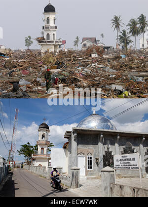 In diesem zusammengesetzten Bild ein Vergleich zwischen einer Szene 2005 (oben) und 2014 (unten) erzielt worden *** TOP Bild *** BANDA ACEH, Indonesien - Januar 4: ein Mitglied der indonesischen Armee steht Wache in der Nähe das Minarett der Moschee Al - Tawhid nach dem Tsunami in Banda Aceh, Indonesien-150 Meilen vom südlichen Asien Erdbeben Epizentrum auf Dienstag, 4. Januar 2005.  Banda Aceh, Indonesien.  UNTEREN Bild *** BANDA ACEH, Indonesien - Dezember 13: Fahren Sie ein Motorrad vorbei Al - Tawhid Moschee vor dem zehnjährigen Jubiläum des 2004 Erdbeben und Tsunami am 13. Dezember 2014 in Banda Aceh, Indonesien Stockfoto