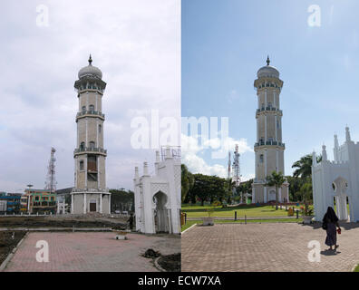 In diesem zusammengesetzten Bild ein Vergleich zwischen einer Szene im Jahr 2005 (oben) und 2014 (unten) erzielt worden *** TOP Bild *** BANDA ACEH, Indonesien - Januar 4: das beschädigte Minarett auf dem Gelände Mesjid Raya Baiturrahman Moschee nach dem Tsunami in Banda Aceh, Indonesien-150 Meilen vom südlichen Asien Erdbeben Epizentrum auf Dienstag, 4. Januar 2005.  Banda Aceh, Indonesien.  UNTEREN Bild *** BANDA ACEH, Indonesien - Dezember 12: Eine Frau geht auf dem Gelände Mesjid Raya Baiturrahman Moschee vor dem zehnjährigen Jubiläum des 2004 Erdbeben und Tsunami am 12. Dezember 2014 in Banda Stockfoto