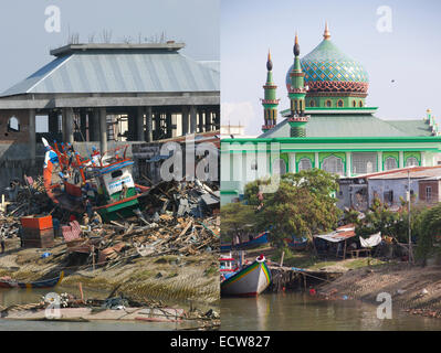 In diesem zusammengesetzten Bild ein Vergleich zwischen einer Szene im Jahr 2005 (links) und 2014 (rechts) erzielt worden *** links Bild *** BANDA ACEH, Indonesien - 6. Januar: eine Szene der Verwüstung am Fluss Sungai Krueng Aceh nach dem Tsunami in Banda Aceh, Indonesien-150 Meilen vom südlichen Asien Erdbeben Epizentrum auf Donnerstag, 6. Januar 2005.  Banda Aceh, Indonesien.  RECHTEN Bild *** BANDA ACEH, Indonesien - Dezember 13: Eine umgebaute Moschee am Fluss Sungai Krueng Aceh vor dem zehnjährigen Jahrestag der 2004 Erdbeben und Tsunami am 13. Dezember 2014 in Banda Aceh, Indonesien. Aceh wurde die w Stockfoto