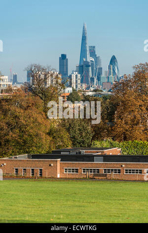 Blick über Brockwell Park, Herne Hill, Süd-London und dem Finanzviertel der City of London, darunter die Scherbe Stockfoto