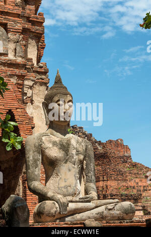 Buddha-Statue in den Ruinen des Wat Mahathat in Ayutthaya, Thailand Stockfoto