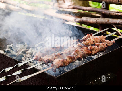 Die Fleischstücke am Spieß über Holzkohle gebraten Stockfoto