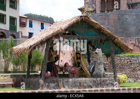 Weihnachtskrippe - Heilige Familie in Cusco Stockfoto