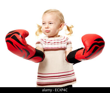 Blondes Mädchen mit riesigen Boxhandschuhe Fighter Geist Konzept Stockfoto