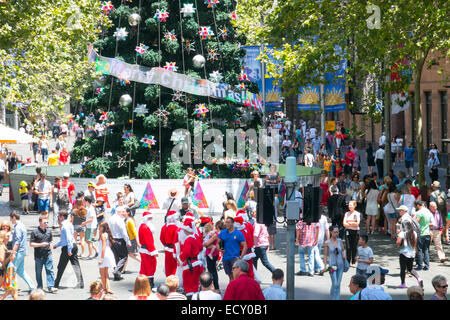 Sydney, Australien. 22. Dezember 2014. Während Sydneysiders lassen Sie Blumen in Martin Place weiterhin, beherbergt das westliche Ende der Fußgängerzone der Stadt Weihnachtsbaum und Versionen von Santa Claus. Bildnachweis: Martin Beere/Alamy Live News Stockfoto