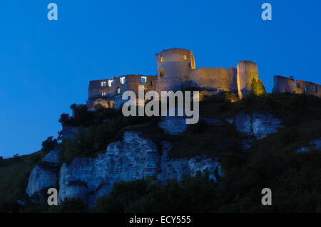 Galliard Burg, Château-Gaillard, in der Abenddämmerung, Les Andelys, Seine-Tal, Normandie, Frankreich Stockfoto