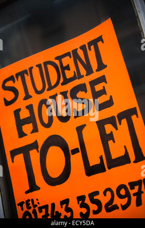 'Student House zu lassen Sie' handschriftliche Zeichen auf orange Papier in das Fenster eines Hauses, Aberystwyth Wales UK Stockfoto