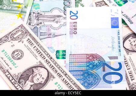 Bunte alte World Paper Money Hintergrund: Rubel, Euro, Dollar Stockfoto