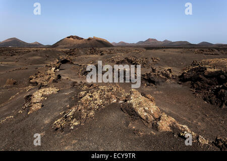 Lava Feld, Feuerberge, Vulkane, Vulkanlandschaft, Nationalpark Timanfaya, Lanzarote, Kanarische Inseln, Spanien Stockfoto