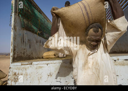 Sudanesische Mann entladen Säcke Faba Bohnen in der Wüste Sahara, Sudan Stockfoto