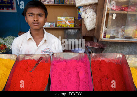 MYSORE, Indien - 4. November 2012: Junge indische Hersteller steht hinter bunten Haufen von Bindi Pulver in der Devaraja-Markt. Stockfoto