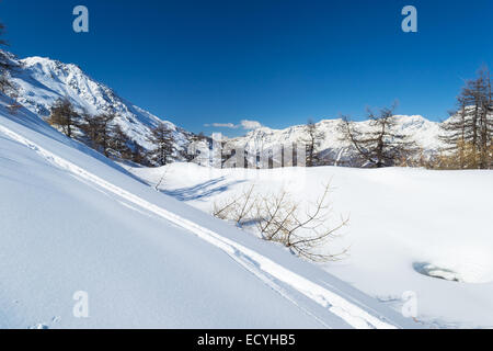 Majestätische Gipfel in eine Winterlandschaft und ehrliche Skipiste mit Freeride tracks im Vordergrund. Frais Skigebiet, Piemont, Ital Stockfoto