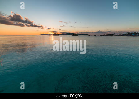 Schule der Fische unter Wasser von oben gesehen bei Sonnenaufgang in der Fernbedienung Malenge, Togian Inseln, Zentral-Sulawesi, Indonesien. Stockfoto