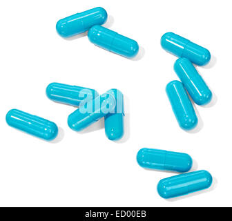 zantrex3 blaue Pillen auf weißem Hintergrund fotografiert Stockfoto