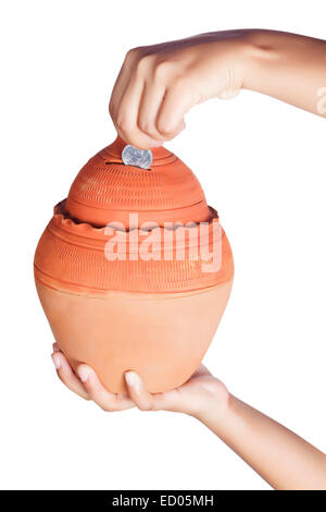 1 Dame Hand sparen Geld Piggy Bank Teil des Stockfoto