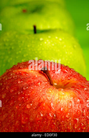 roter Apfel unter grünen Äpfeln Stockfoto