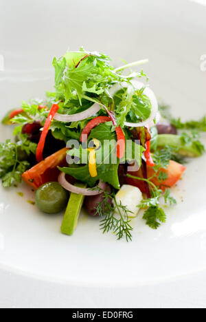 Frischer Salat mit Tomaten, Avocado, Paprika, Zwiebeln und Oliven Stockfoto