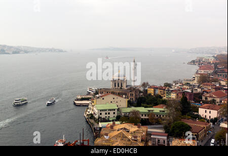 Istanbul, Türkei - 14. November 2014: Ortakoy-Moschee wird am Bosporus von einer Brücke gesehen. Stockfoto