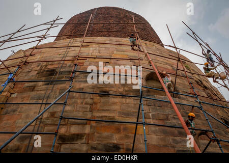 Arbeiter auf Gerüsten während eines Instandhaltungsprojekts in Dhamek Stupa in Sarnath, am Stadtrand von Varanasi, Uttar Pradesh, Indien. Stockfoto