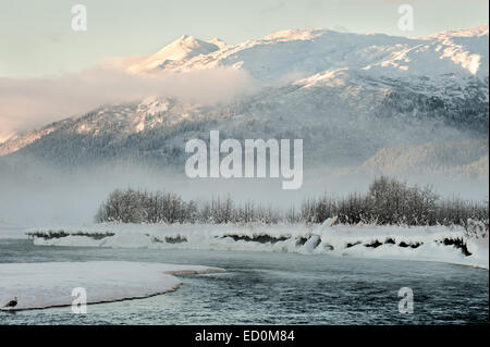 Die Chilkat Valley unter einer Decke von Schnee, mit Bergen im Hintergrund. Südost-Alaska. Stockfoto