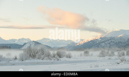 Die Chilkat Valley unter einer Decke von Schnee, mit Bergen im Hintergrund. Südost-Alaska. Stockfoto