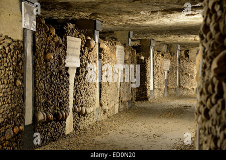 Millionen von Schädeln und Knochen säumen die Tunnel in den Katakomben von Paris, kilometerlangen unter den Stadtstraßen Stockfoto
