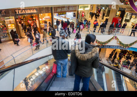 Massen von Last-Minute-Shopper pack die Queens Center Mall im Stadtteil Queens in New York auf Super Samstag, 20. Dezember 2014 auf der Suche nach Schnäppchen für ihre Weihnachtsgeschenke. Super Samstag, am Samstag vor Weihnachten war überfüllt mit Kunden und mehr Umsatz als schwarzer Freitag generieren soll.  (© Richard B. Levine) Stockfoto