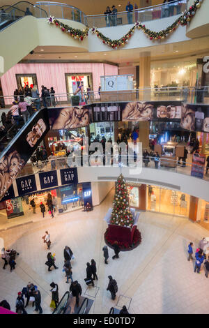 Massen von Last-Minute-Shopper pack die Queens Center Mall im Stadtteil Queens in New York auf Super Samstag, 20. Dezember 2014 auf der Suche nach Schnäppchen für ihre Weihnachtsgeschenke. Super Samstag, am Samstag vor Weihnachten war überfüllt mit Kunden und mehr Umsatz als schwarzer Freitag generieren soll.  (© Richard B. Levine) Stockfoto