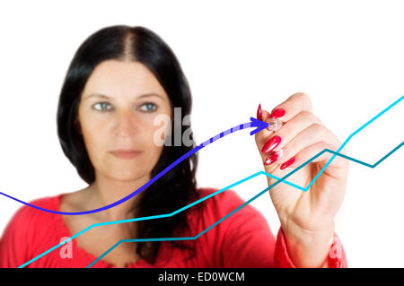 Business-Frau zeichnen Chart mit Stift isoliert auf weißem Hintergrund Stockfoto