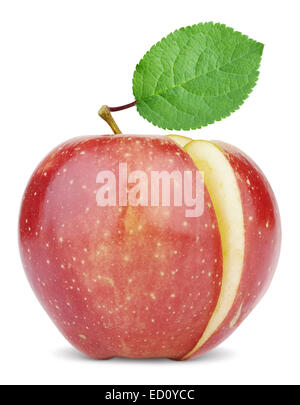 roter Apfel mit einem Slice und Blatt isoliert auf weiss Stockfoto