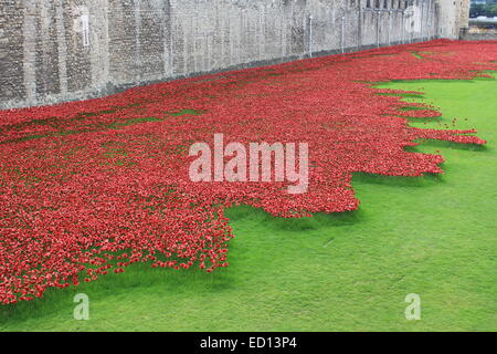 London, England - September 25, 2014 platziert Mohnblumen sind Bestandteil der der Tower London Erinnerung Anzeige anlässlich der Hundertjahrfeier Stockfoto