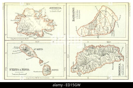 Eine Karte aus dem Jahr 1888, die die karibischen Inseln Antigua, Barbados, St. Kitts und Dominica zeigt. Diese Karte gibt Einblicke in das geografische Layout und den kolonialen Einfluss der Region während des späten 19. Jahrhunderts. Stockfoto