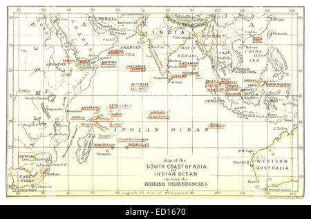 Eine Karte aus dem Jahr 1888, die die Südküste Asiens und den Indischen Ozean zeigt und die britischen Abhängigkeiten in der Region hervorhebt. Die Karte spiegelt britische Kolonialgebiete und strategische Positionen in Asien und im Indischen Ozean wider. Stockfoto