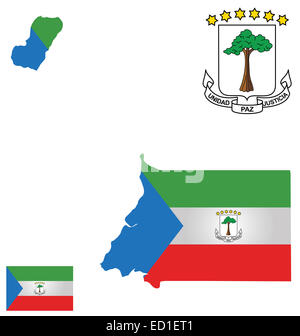 Flagge und Staatswappen der Republik Äquatorialguinea überlagert, detaillierte Übersichtskarte Stockfoto
