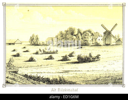 Diese Illustration aus Smilten, Lettland, aus dem Jahr 1872, zeigt den Alt Bilskenshof, ein historisches gut. Das Kunstwerk gibt Einblicke in die ländliche Architektur und das Leben in Lettland während des späten 19. Jahrhunderts. Stockfoto