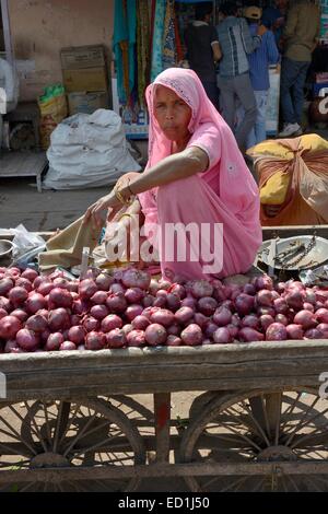 Indien, Rajasthan, Mewar Region, Bundi Dorf Frau Zwiebeln auf der Straße verkaufen Stockfoto