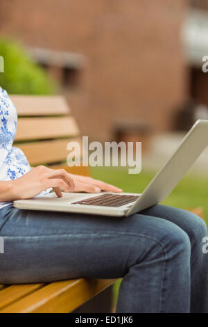 Frau sitzt auf der Bank mit laptop Stockfoto