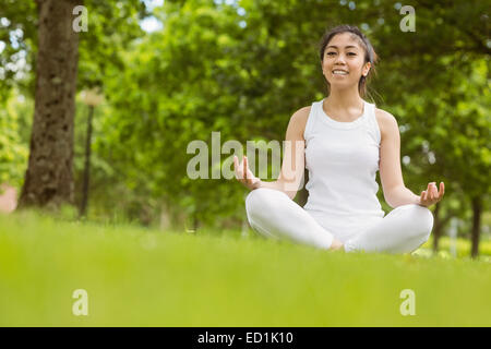 Schöne Frau im Lotus Pose im park Stockfoto