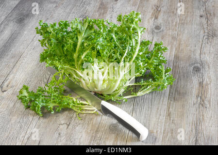 lockige Salat Endivien auf Holztisch Stockfoto