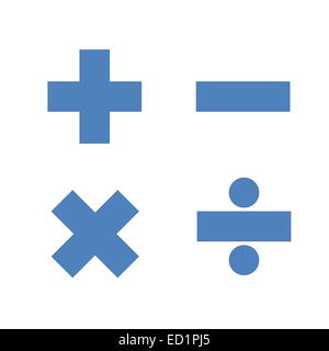Blaue einfache Mathematik-Symbole in weißem Hintergrund Stockfoto