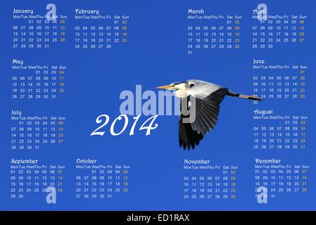 Englisch 2014 Kalender mit großen Reiher fliegen über einem tiefblauen Himmel von sunrise Stockfoto