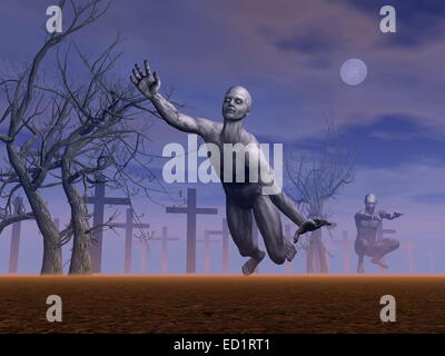 Zwei Zombies bewegen auf einem Friedhof neben toten Bäumen durch graue Vollmondnacht Stockfoto